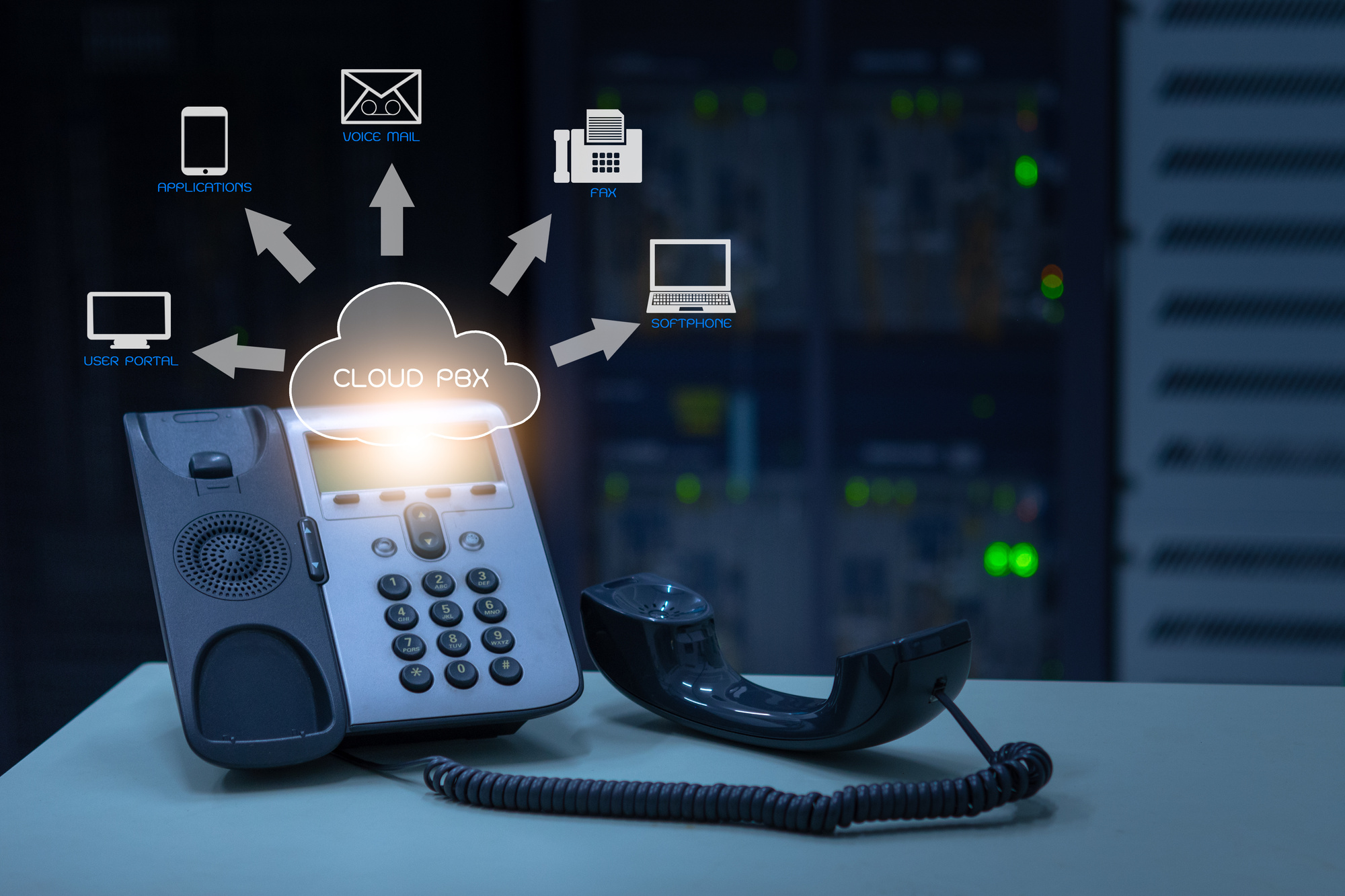 IP Telephony cloud pbx concept, telephone device with illustration icon of voip services and networking data center on background pbx