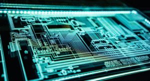 A close-up image of a digital circuit board glowing with neon lines, symbolizing the complexity and innovation of IT infrastructure and future technology.