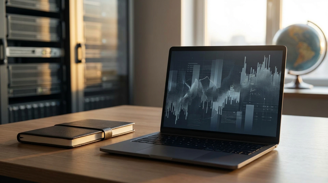 Illustrative laptop displaying data on an office desk